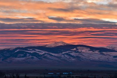 Scenic view of snowcapped mountains against sky during sunset