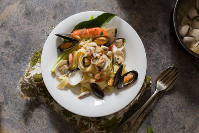 High angle view of food in plate on table