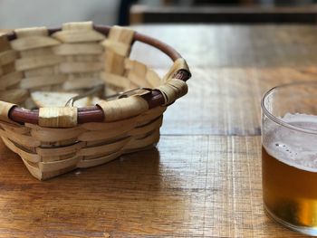 Close-up of beer glass on table