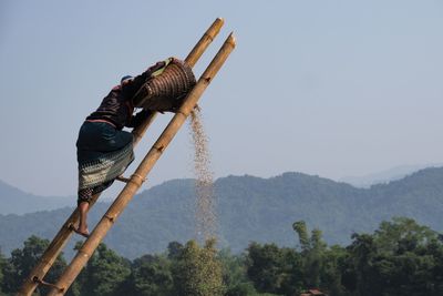 Man on ladder spilling crop against sky