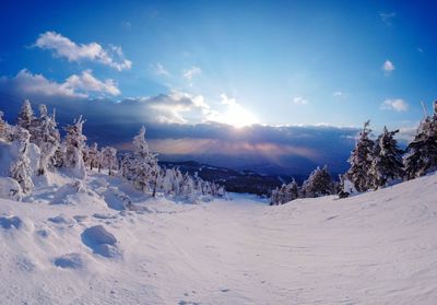 Snow covered landscape against sky