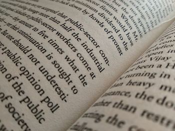 High angle view of text on book