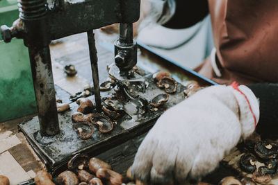 Midsection of man breaking nuts with equipment