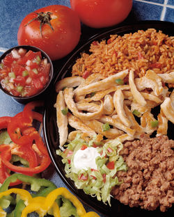 High angle view of meal served on table