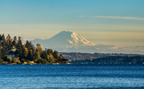 Scenic view of snowcapped mountains against clear sky