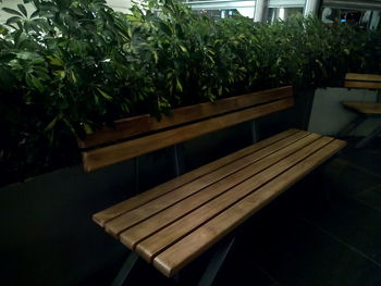 Empty chairs and table by potted plants