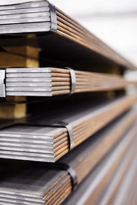 Close-up of metal sheets in storage room