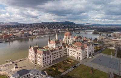 The best of budapest aerial view of hungarian parliament building and danube river in cityscape 