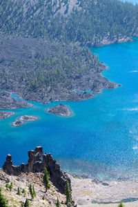 High angle view of bay and sea