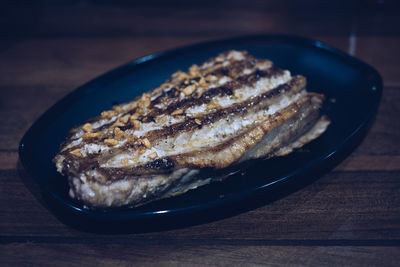 High angle view of meat in plate on table