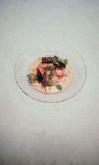 High angle view of food in plate on table