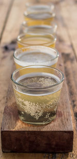 High angle view of drink in glass on table