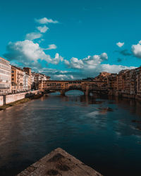 Arch bridge over river against blue sky