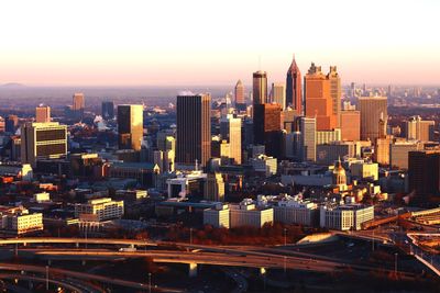 City lit up at sunset