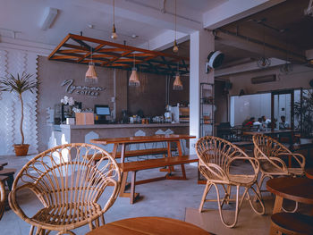 Empty chairs and tables in cafe