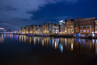 Reflection of illuminated buildings in river at dusk