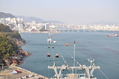 High angle view of sea and cable car against sky