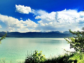 Scenic view of lake against cloudy sky