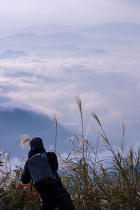Man in horse against sky