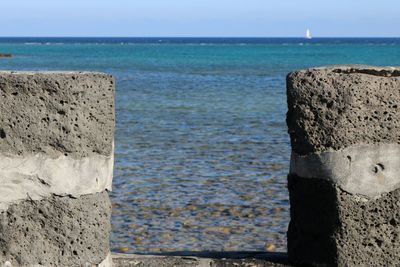 Close-up of sea shore against sky