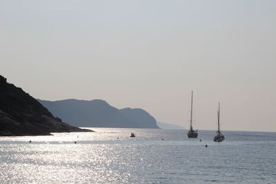 Sailboats sailing in sea against clear sky