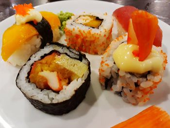 Close-up of sushi served on plate