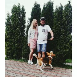 Portrait of dog and son against trees and plants