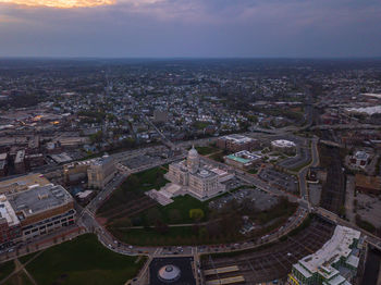 High angle view of buildings in city against sky