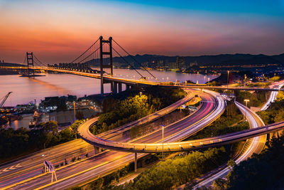 High angle view of light trails on road