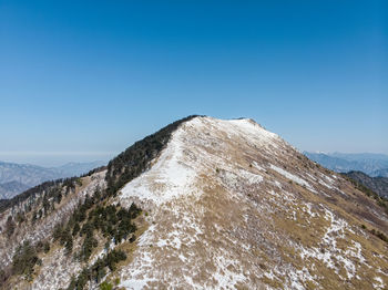 Scenic view of mountains against clear blue sky