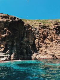 Rock formations by sea against clear blue sky