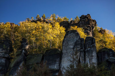 Low angle view of rock formation against clear sky