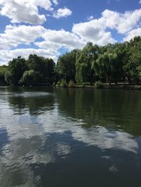 Scenic view of lake by trees against sky