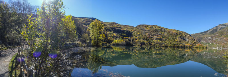 Scenic view of lake against clear blue sky