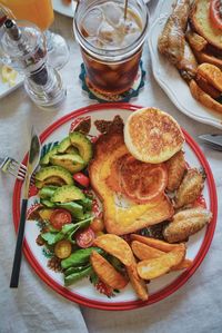 High angle view of meal served on table