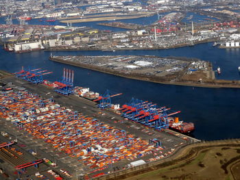 High angle view of city at waterfront