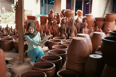 Close-up of pots for sale