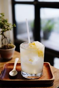 Close-up of beer glass on table