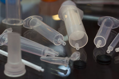 High angle view of bottles on table