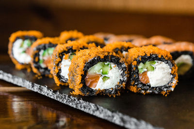 Close-up of sushi in plate on table