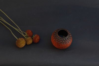 Close-up of fruits on table against black background