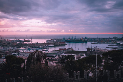 Panoramic view of bridge over river against sky at sunset