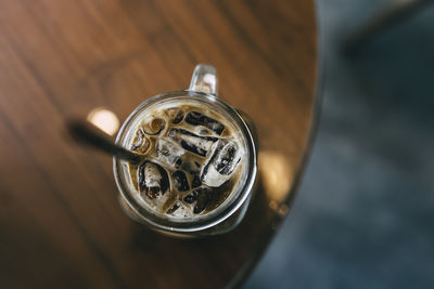 High angle view of  iced coffee on table