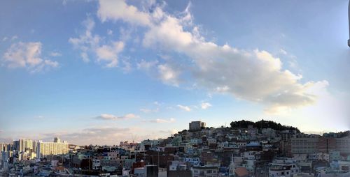 Cityscape against cloudy sky