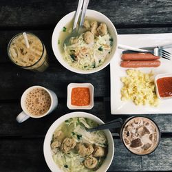 Directly above shot of food served on table