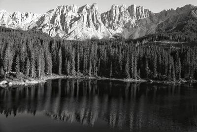 Scenic view of lake by snowcapped mountains during winter