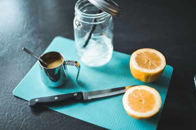 High angle view of lemon on table