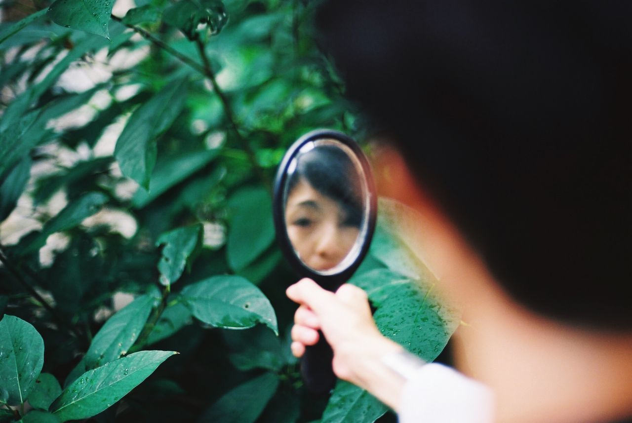 leaf, plant part, one person, plant, green color, growth, real people, holding, selective focus, nature, leisure activity, front view, lifestyles, men, headshot, day, portrait, tree, outdoors