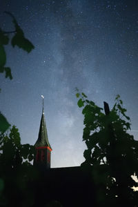 Low angle view of trees and building against sky at night