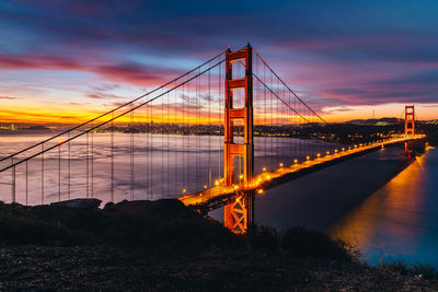 Golden gate bridge over river against sky during sunset